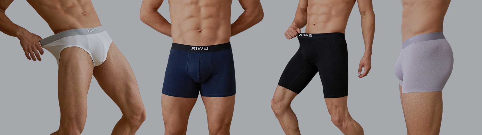 A diverse group of men wearing different styles of boxer briefs, showcasing versatility for various body types.