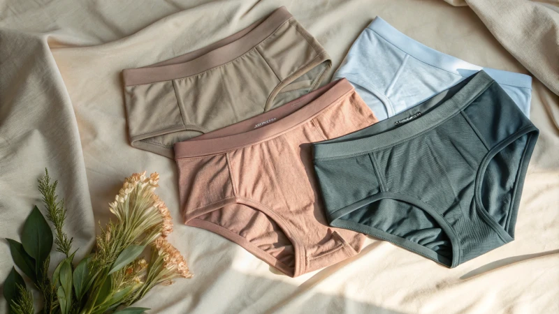 Flat lay of various adaptive underwear designs on a neutral background