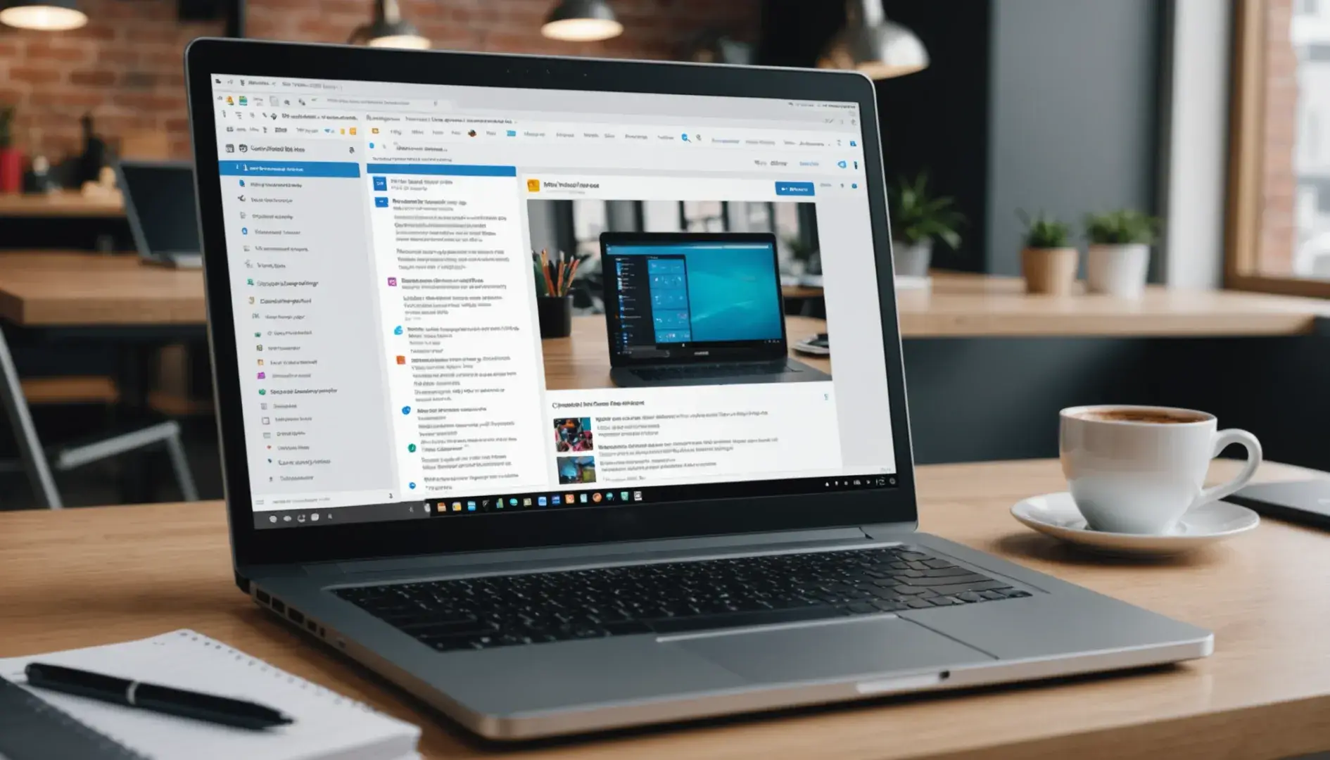 A laptop displaying a modern AI-powered search engine interface in an office setting.