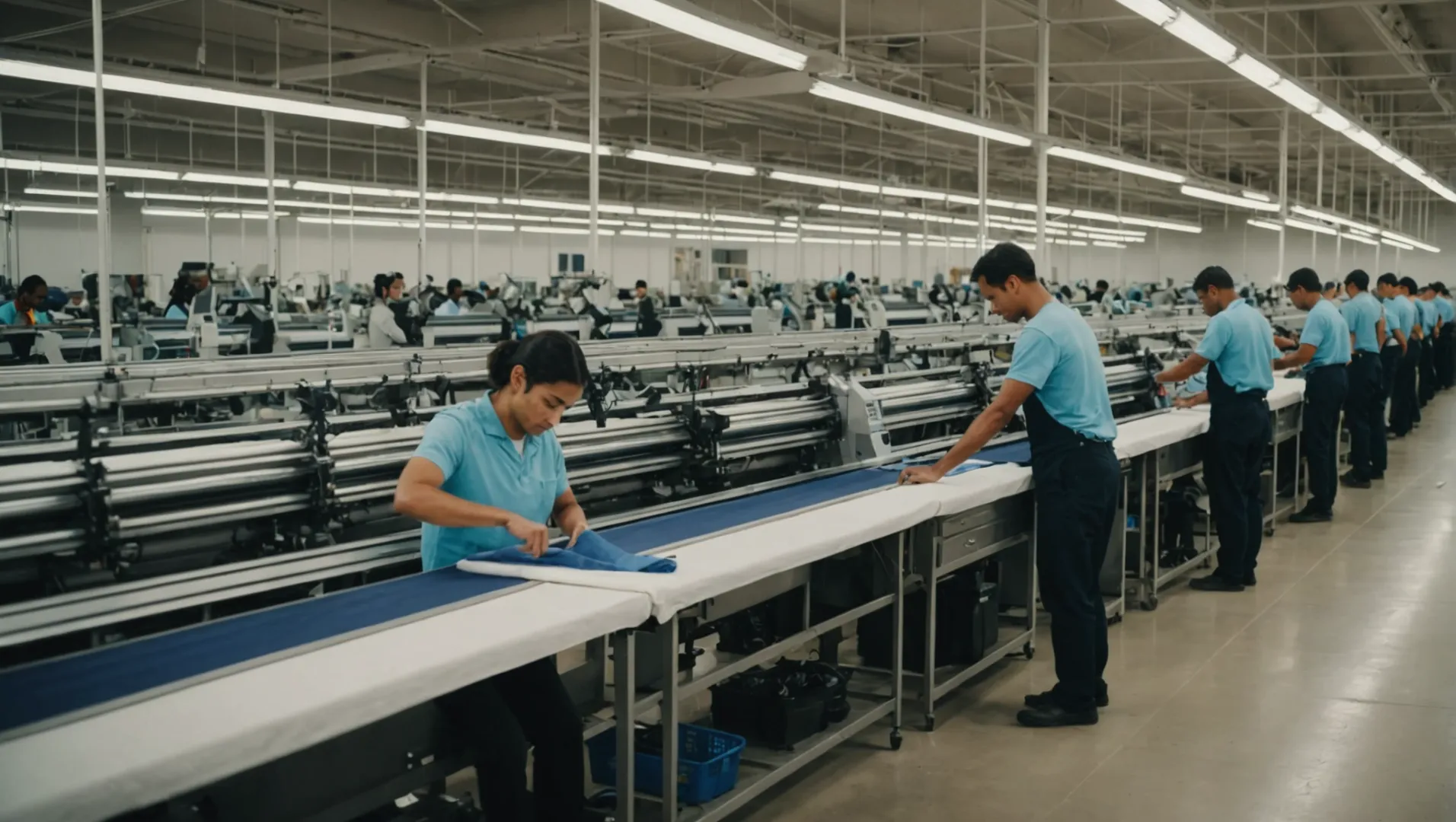 Modern American apparel manufacturing facility with machines and fabrics