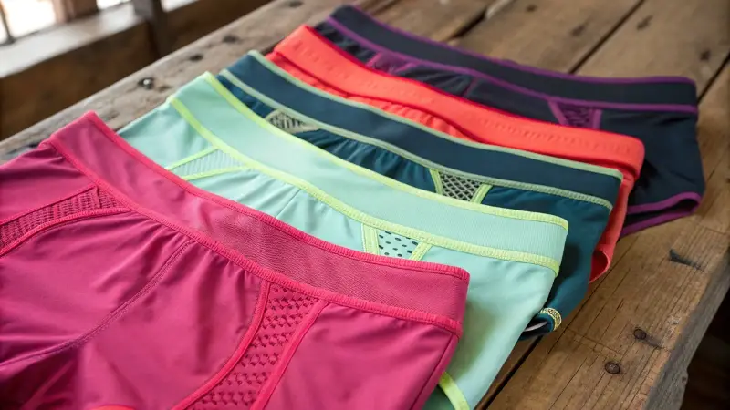 Close-up of various styles of anti-chafing running underwear on a rustic wooden table