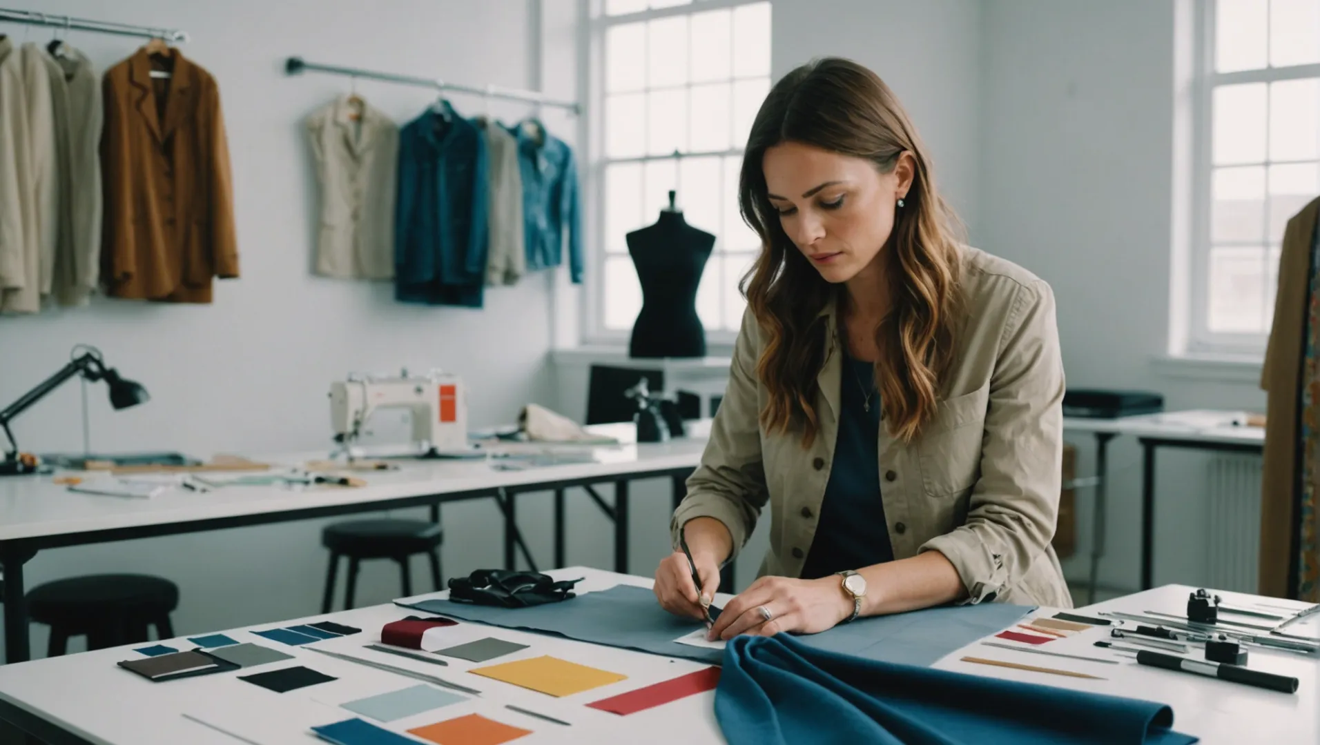 A fashion designer closely examining a clothing sample with measurement tools and fabric swatches around.