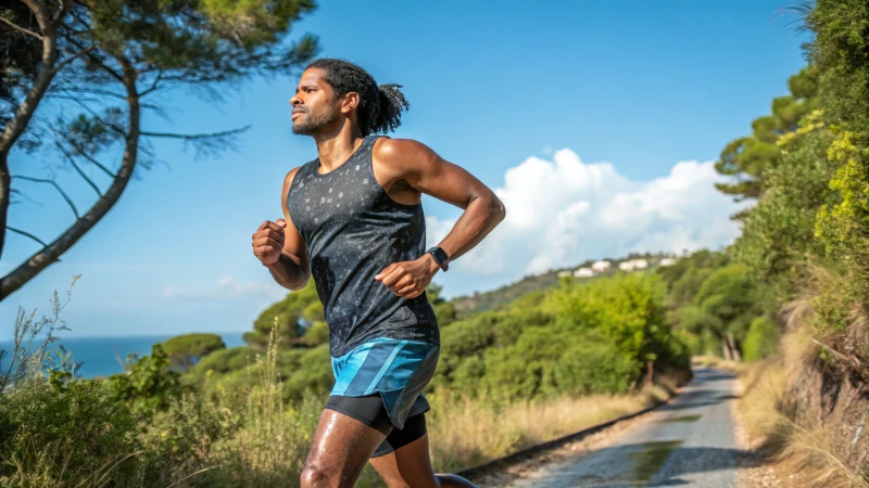 A dedicated athlete running on a scenic trail surrounded by greenery.