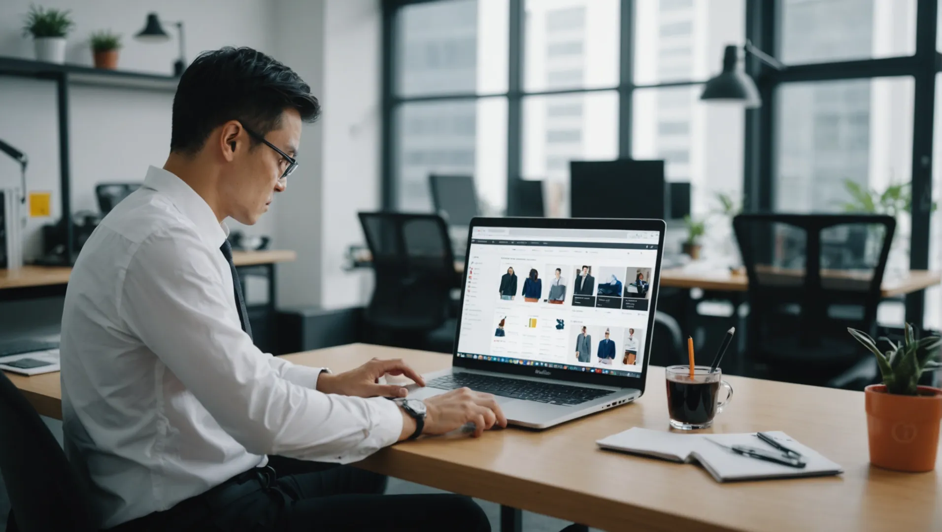 A businessperson using a laptop to browse B2B platforms for underwear sourcing