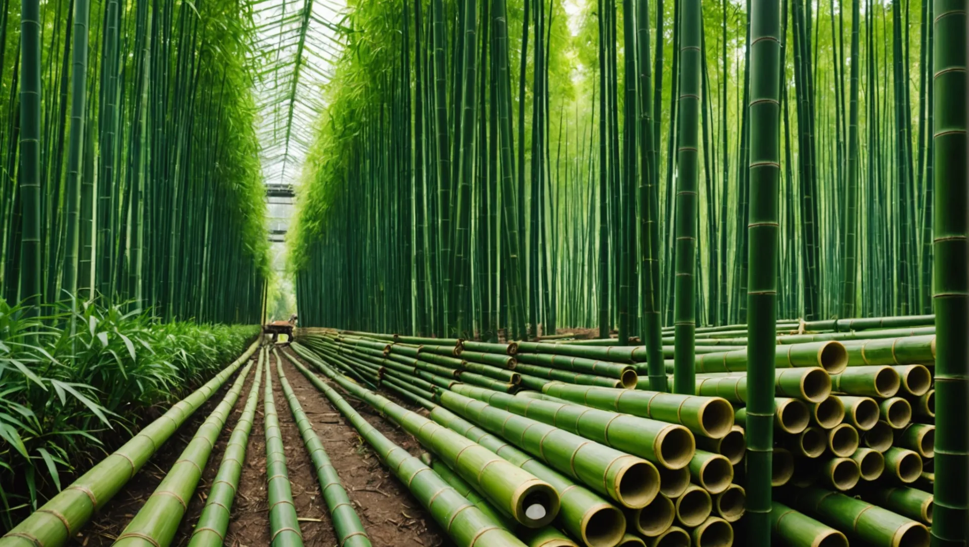 Bamboo stalks and fabric rolls