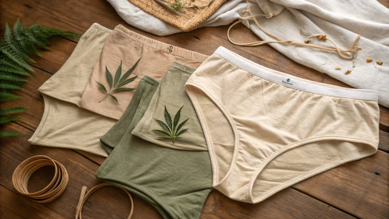 Flat lay of biodegradable underwear pieces made from organic materials