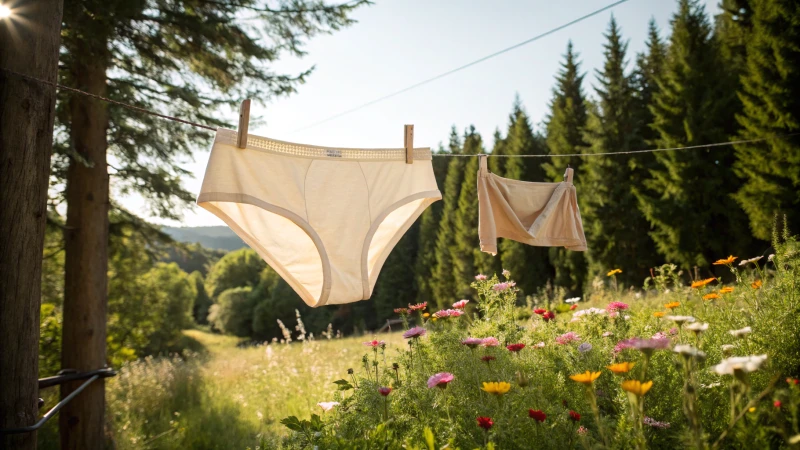 Biodegradable underwear hanging on a clothesline in nature
