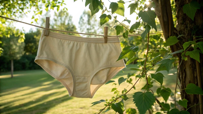 Biodegradable underwear hanging on a wooden clothesline