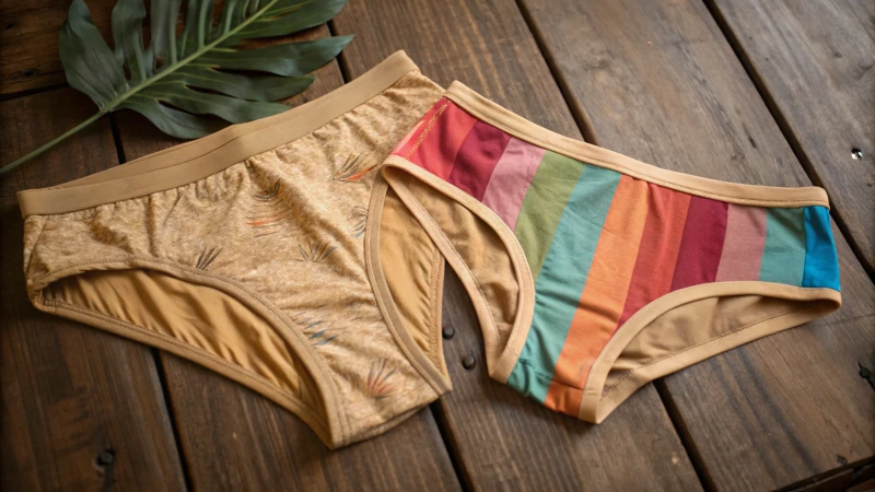 Comparison of biodegradable and synthetic underwear on a wooden table