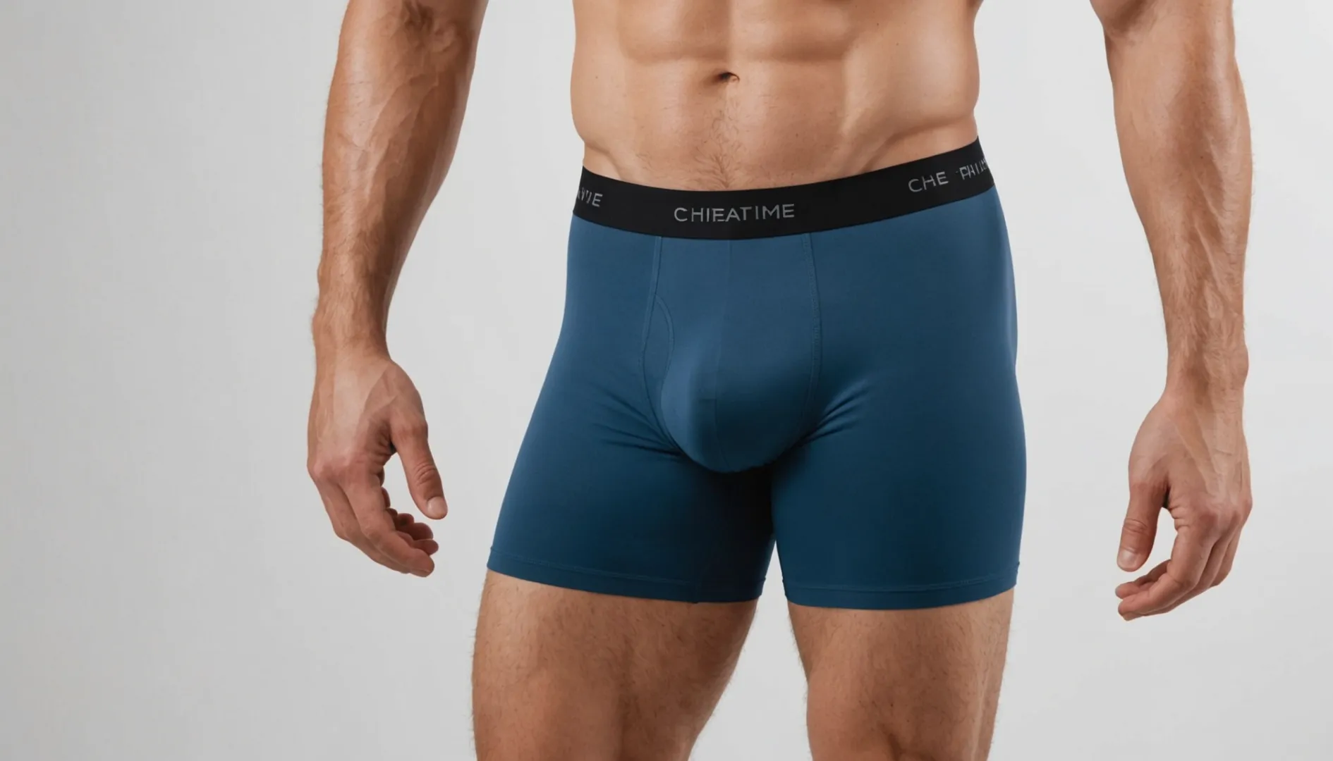A pair of blue boxer briefs on a plain background, showcasing their design