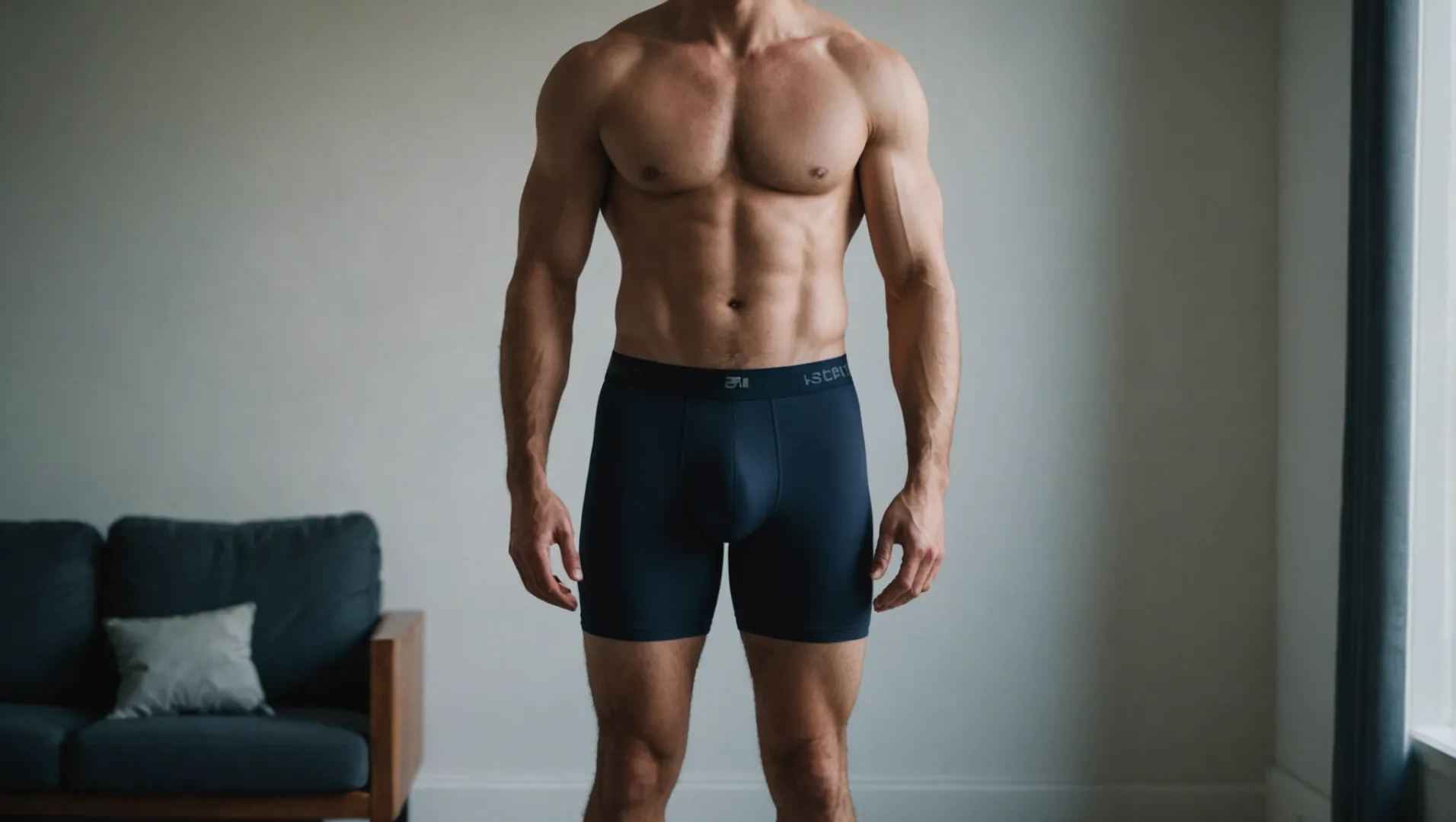 A man confidently wearing dark-colored boxer briefs, accentuating his physique.