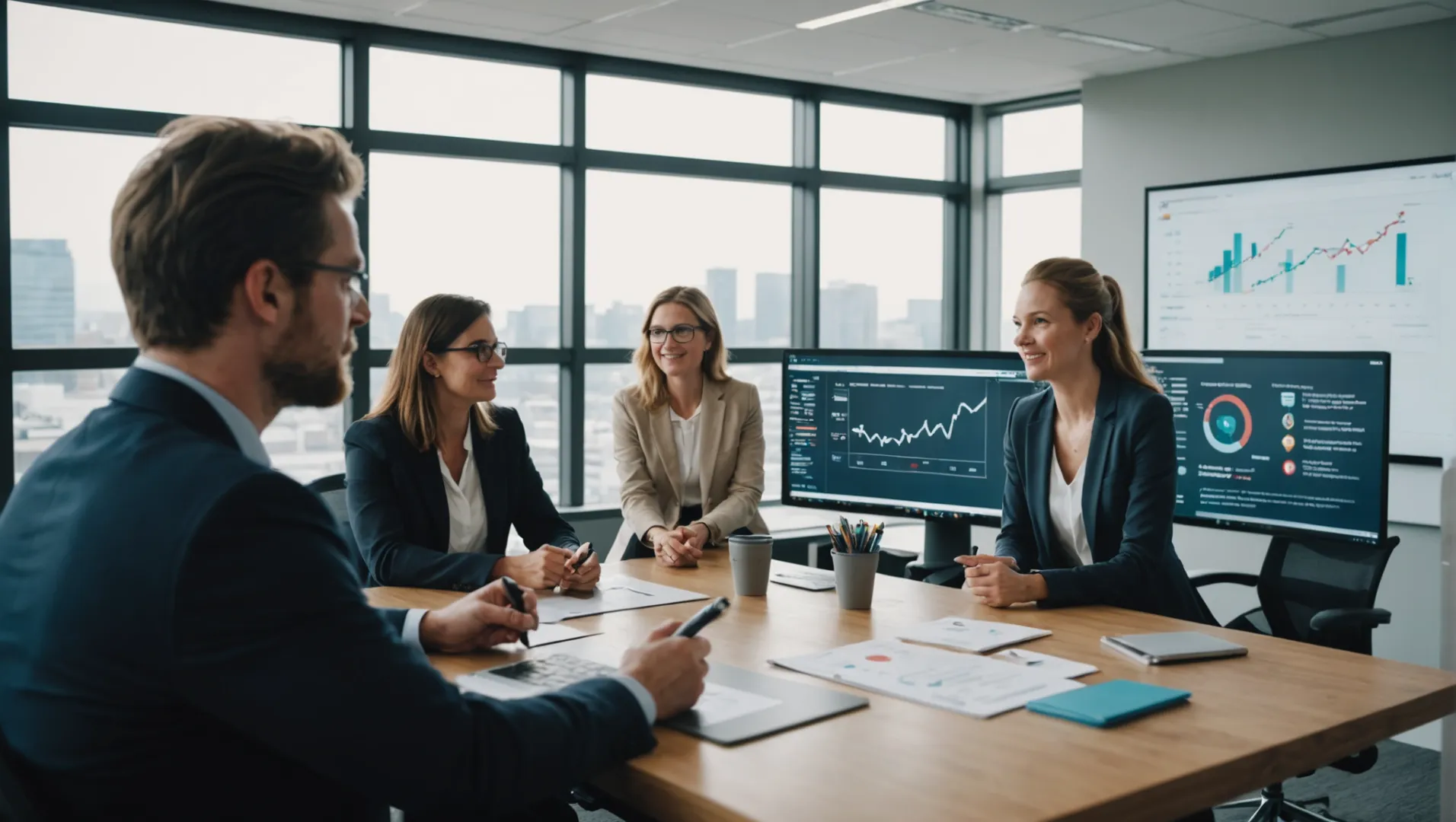 A diverse group of professionals engaging with a digital strategy board in an office
