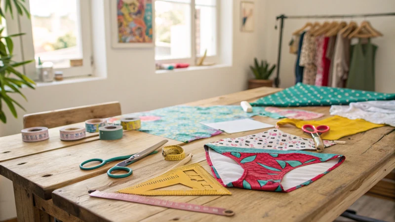 A bright workspace showcasing colorful underwear designs with sewing tools.