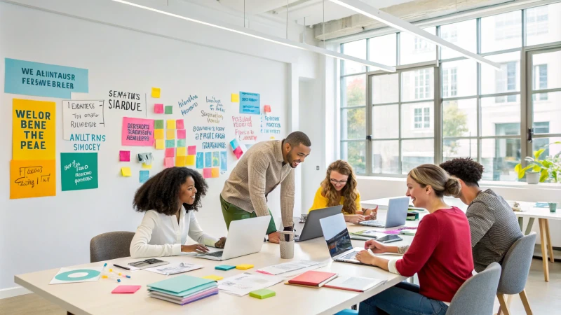 A bright office space with diverse professionals collaborating