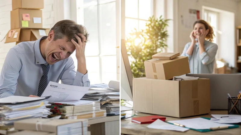 A stressed business owner in a cluttered office contrasted with a happy customer opening a subscription box in a sunny room