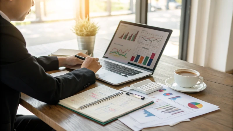 A business professional analyzing charts on a laptop in a modern office.