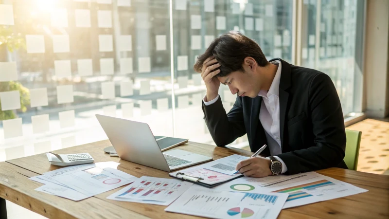 A business professional analyzing documents in a modern office