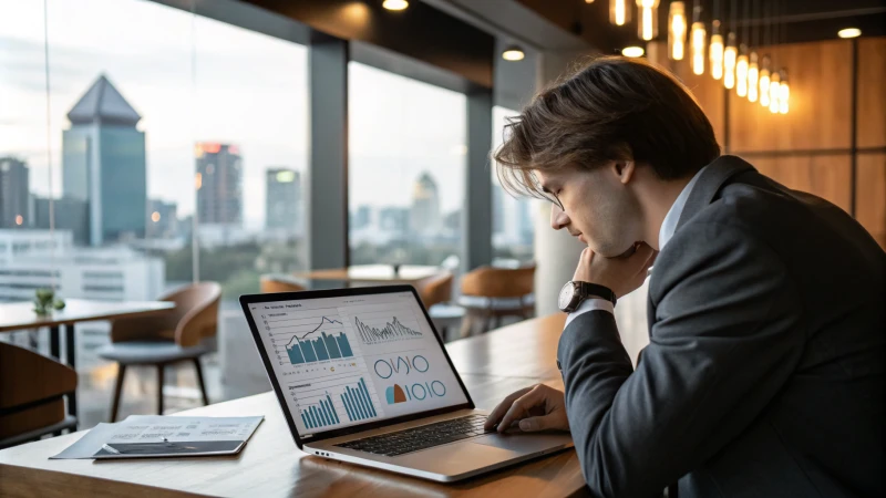 A business professional analyzing data in a modern office