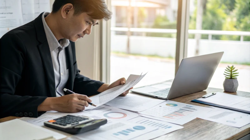 A business professional reviewing compliance documents at a modern office desk