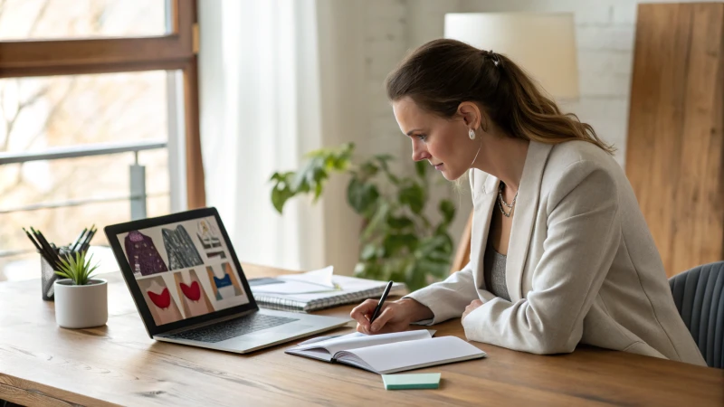 A businesswoman focused on her laptop in a professional office setting