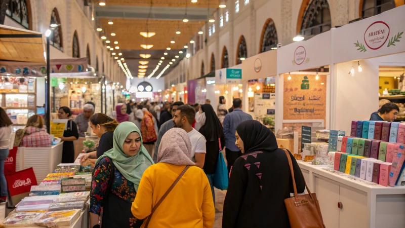 A vibrant marketplace with diverse customers interacting with personalized products