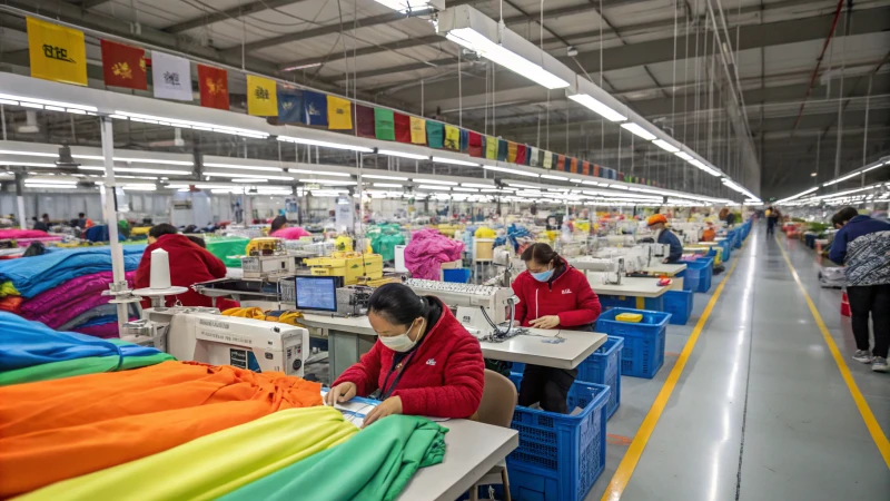 A busy Chinese factory with workers sewing underwear surrounded by fabric rolls.