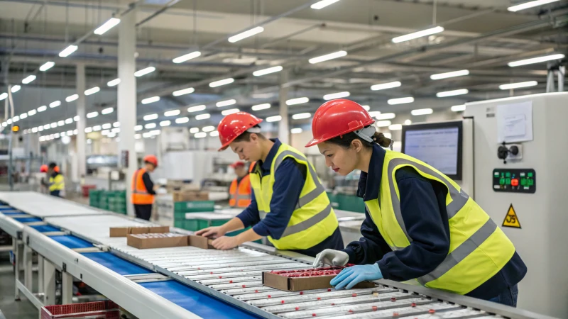 Quality control team inspecting products on a conveyor belt in a manufacturing facility.