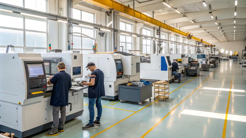 Workers in a manufacturing facility using advanced machinery