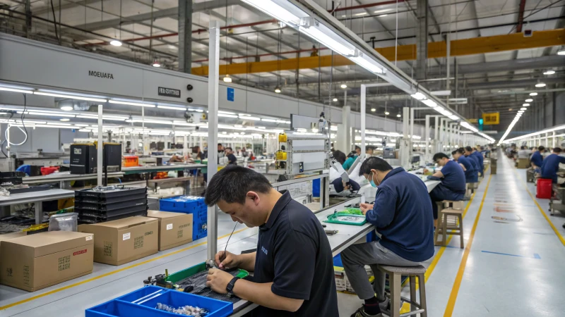 Workers inspecting products on a manufacturing floor