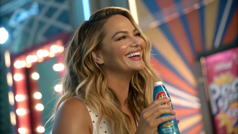 A well-known celebrity smiling while holding a popular product in a vibrant advertisement.