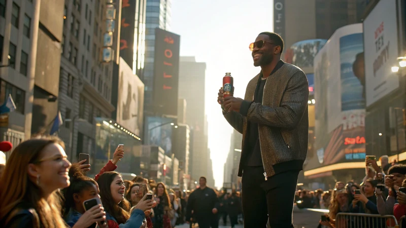 A celebrity engaging with fans in a vibrant city street