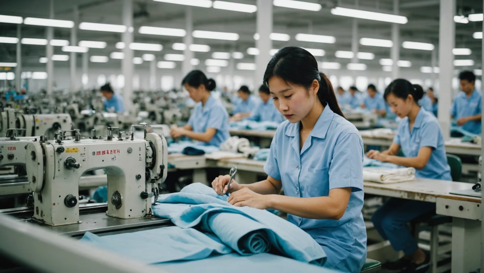 Factory workers examining blueprints for custom underwear designs.
