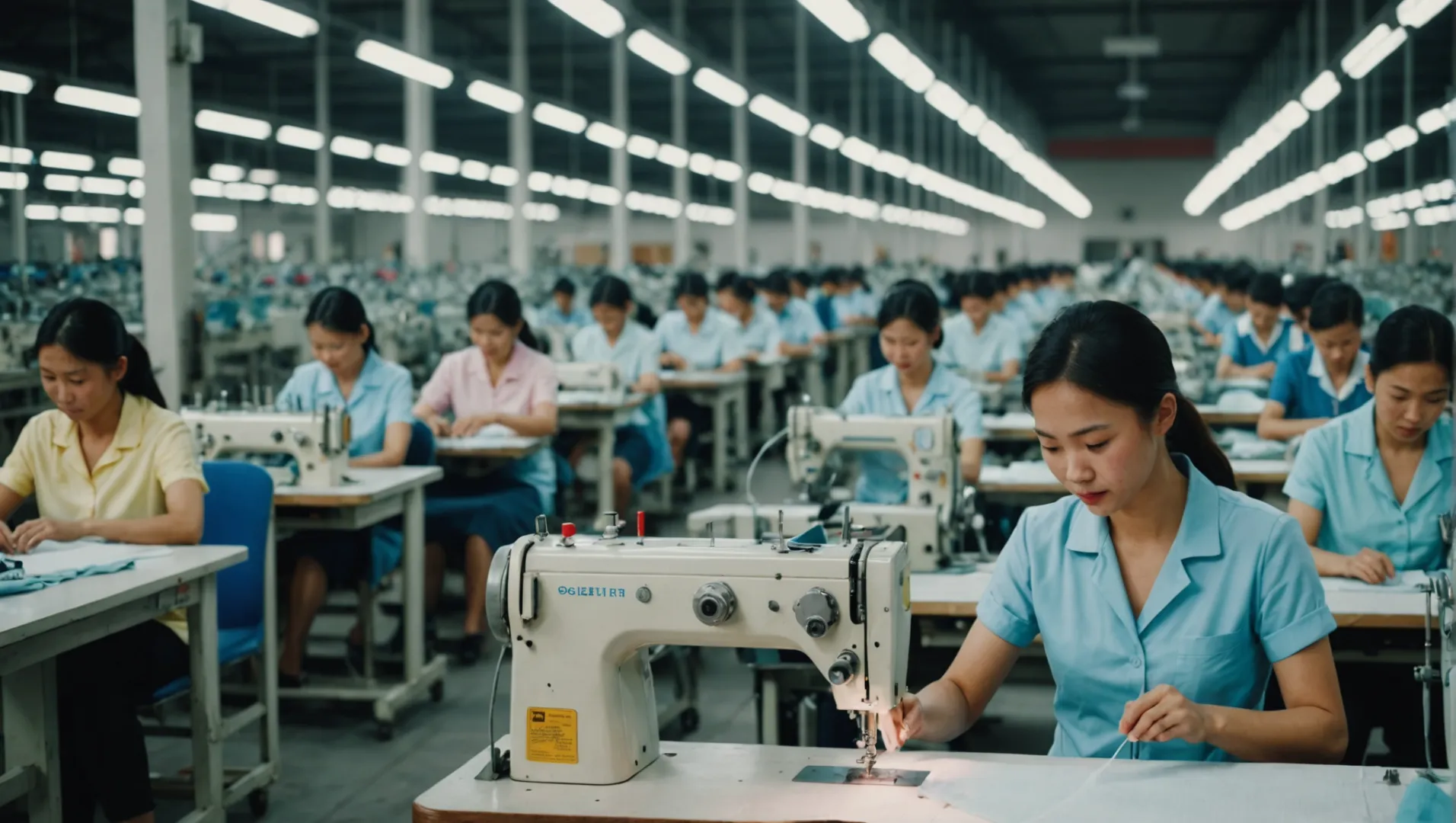 Factory workers in China assembling underwear garments