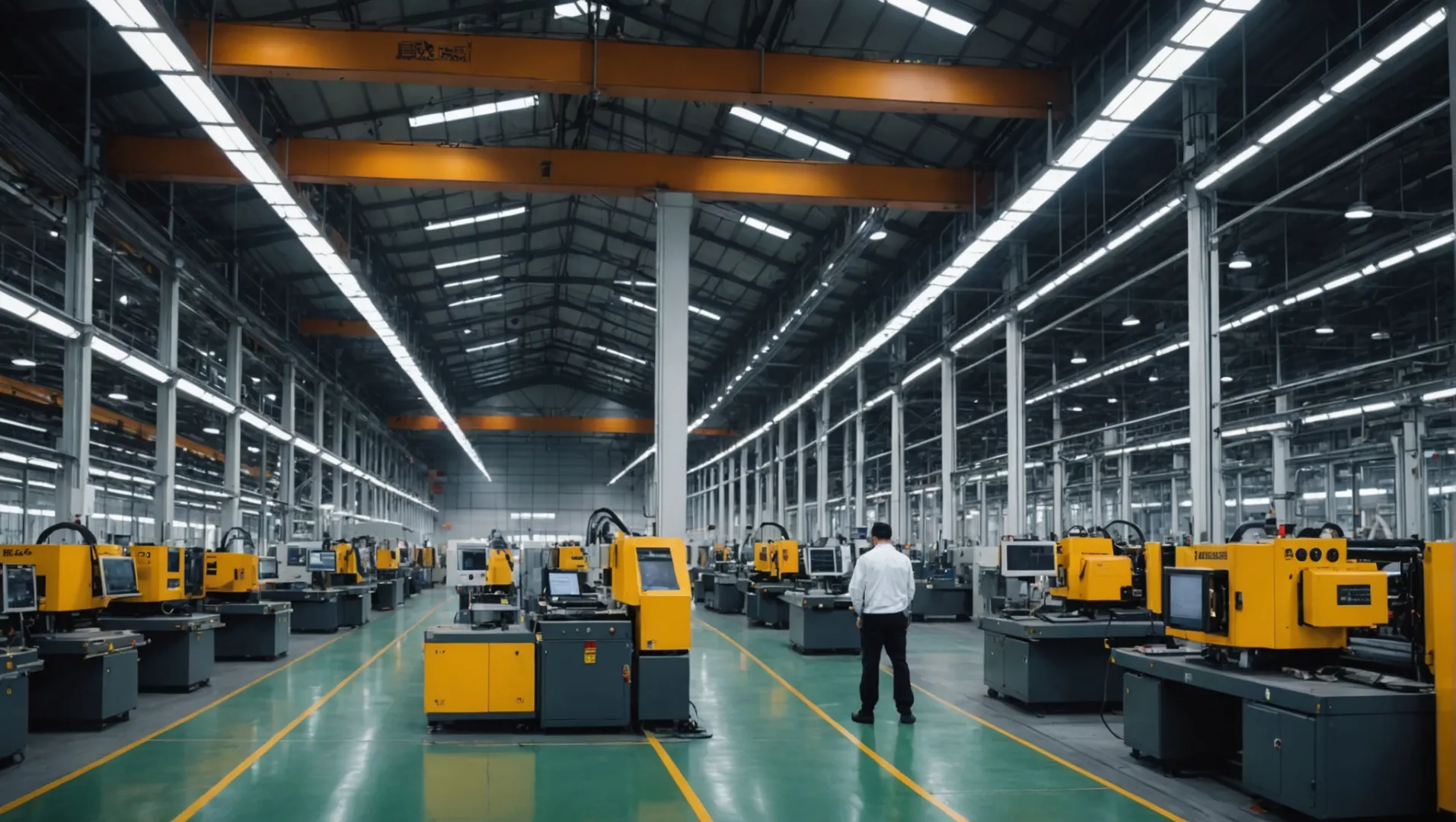 A split image showing China's bustling factory with modern machinery and USA's high-tech workshop with skilled workers.