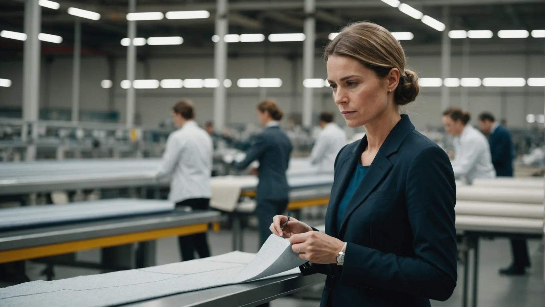 Businesswoman evaluating fabric samples in a factory