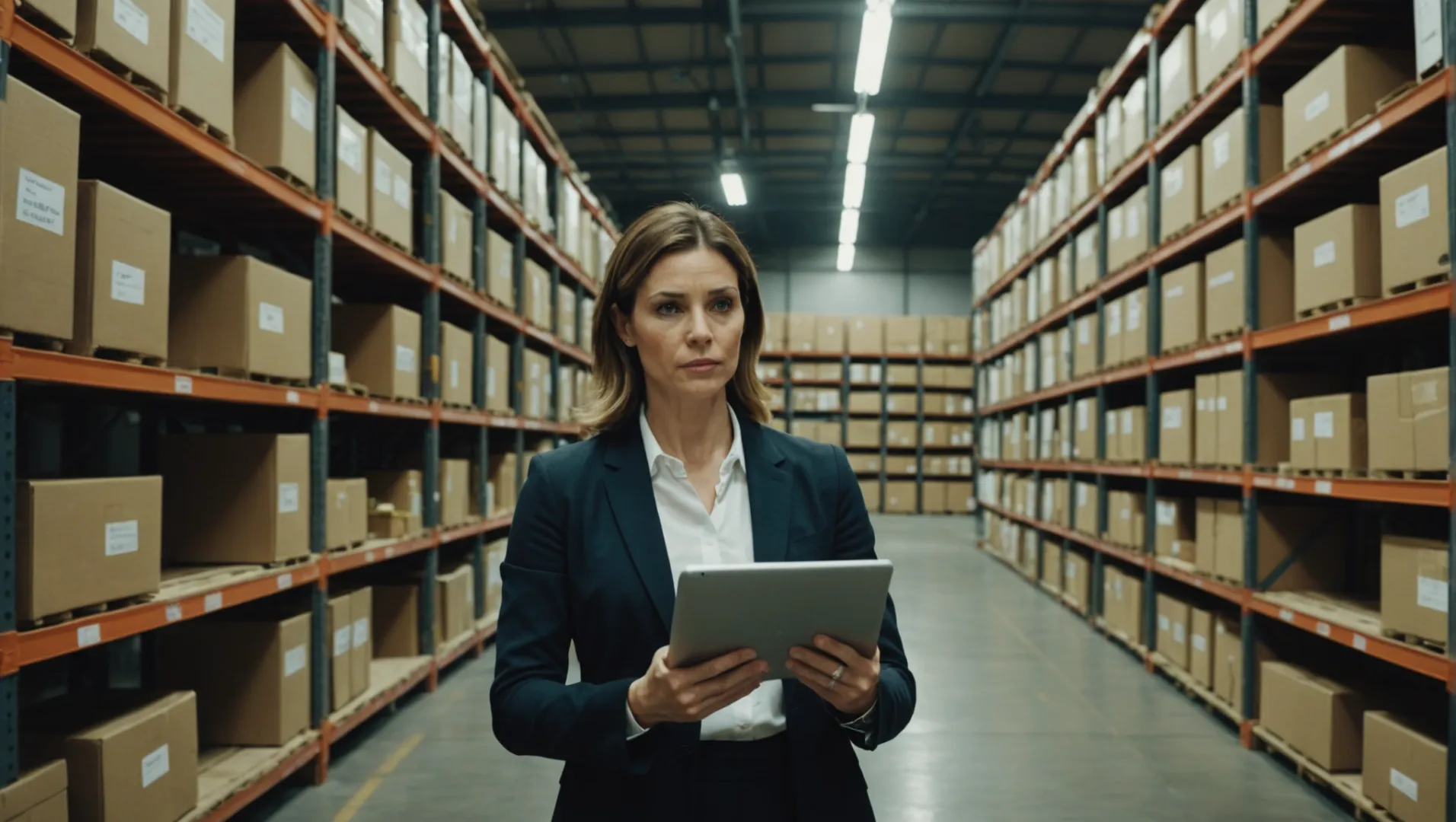 Businesswoman analyzing supplier options on a digital tablet in a warehouse