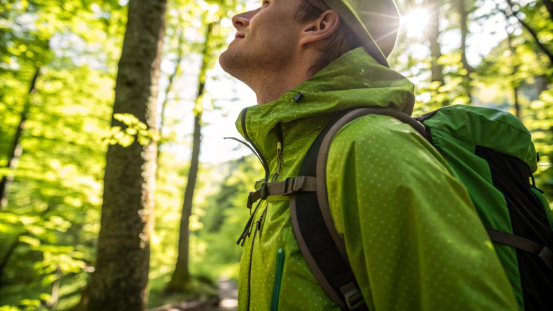 A close-up view of a hiker in a vibrant forest