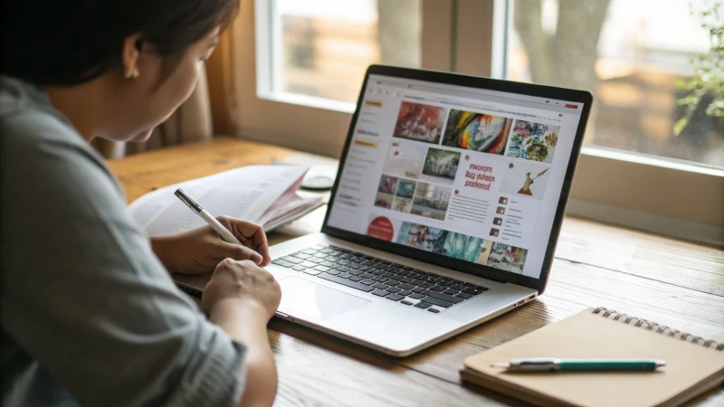 A person closely examining a laptop screen with product images and reviews.