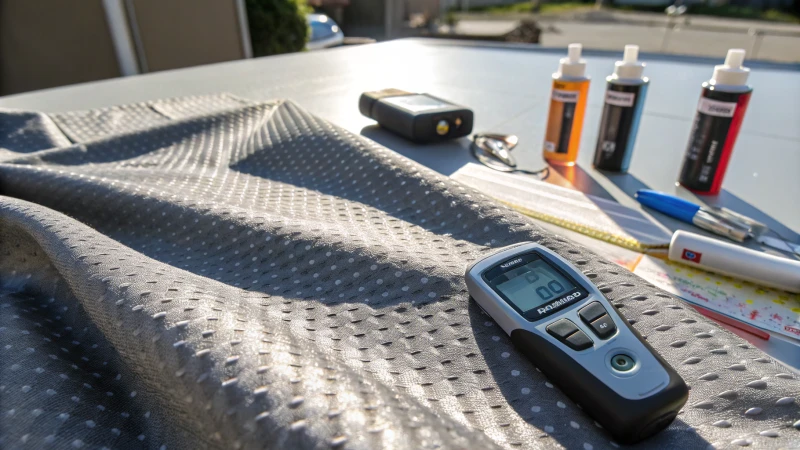 Close-up of textured UV-protective fabric with lab instruments