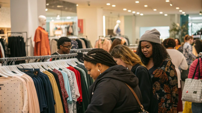 Interior of a clothing store with diverse shoppers examining apparel