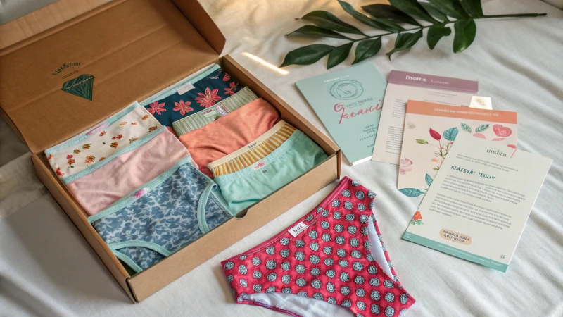 Flat lay of colorful underwear and subscription box