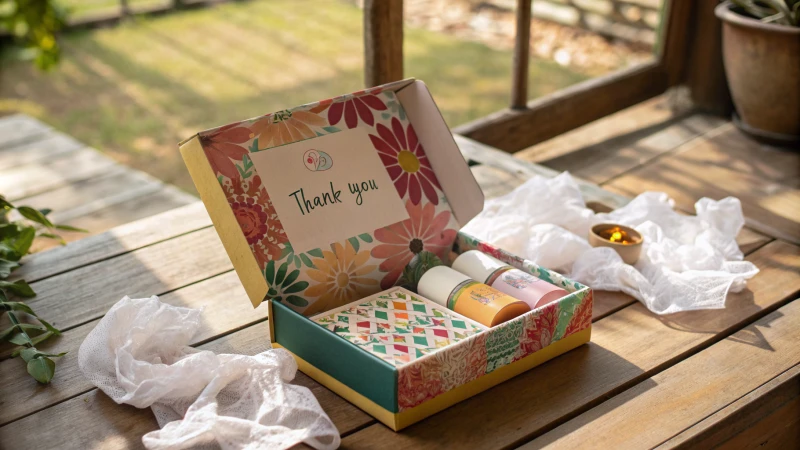 An open colorful packaging box on a wooden table with a product and thank-you note inside.
