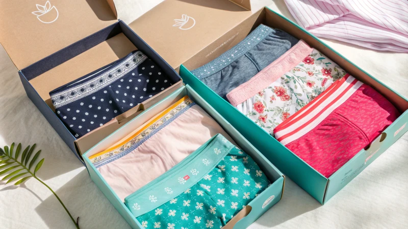 Flat lay of colorful subscription boxes filled with underwear