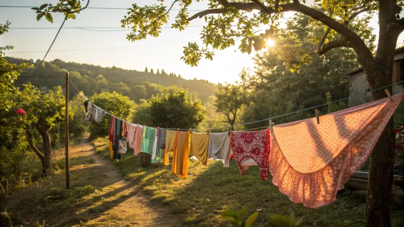 Colorful underwear hanging on a clothesline in sunlight