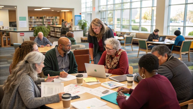 A diverse group of people discussing crowdfunding at a table