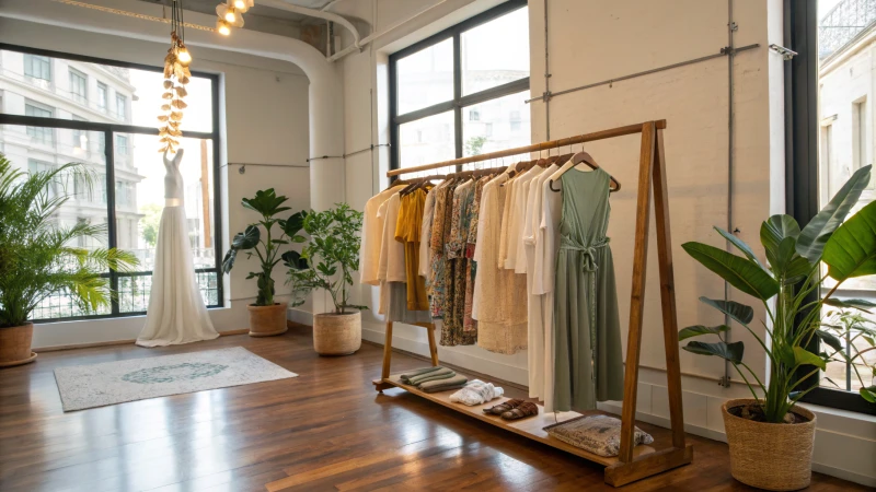 A fashion boutique displaying clothing made from recycled materials with natural light and plants.