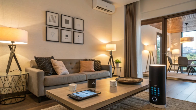 A modern living room featuring smart technology and a cozy atmosphere.