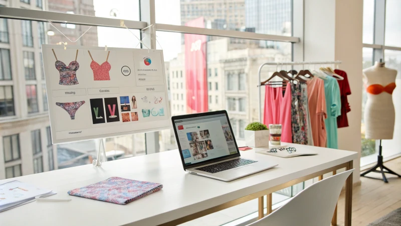 A modern office with a laptop showing underwear designs and augmented reality metrics
