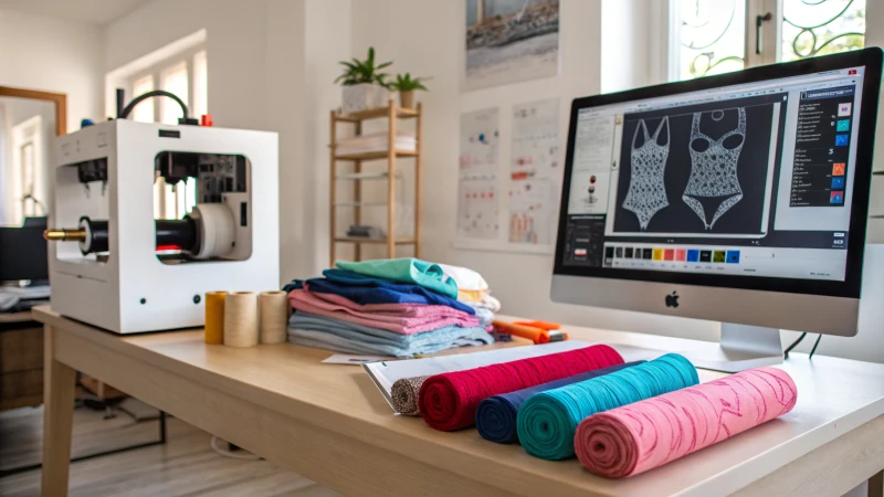 A modern workspace for custom underwear design with a computer and fabric rolls.