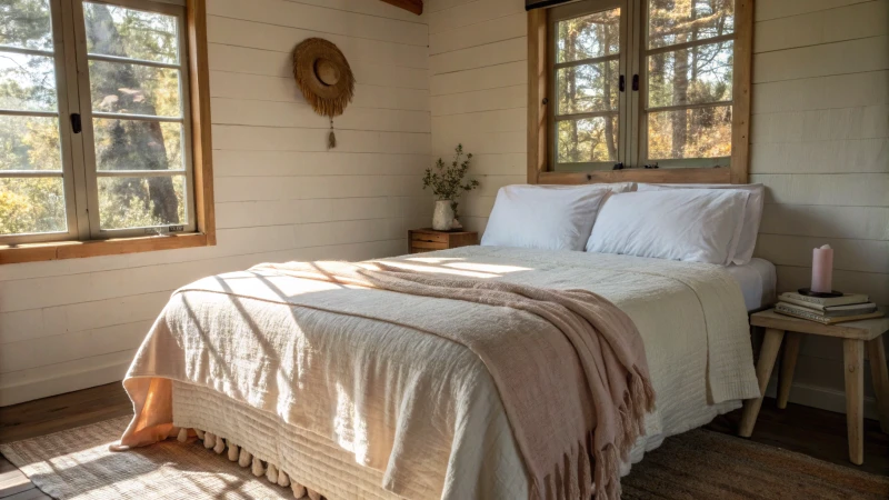 A cozy bedroom with a neatly made bed and a plush blanket